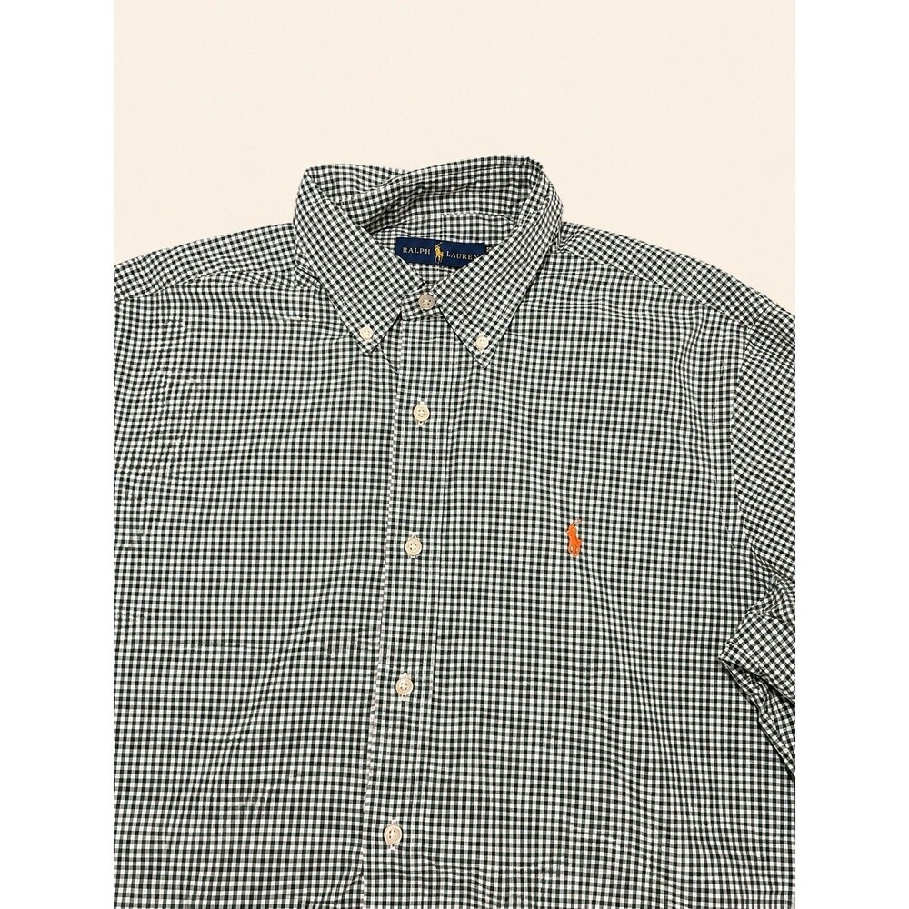 Ralph Lauren Green Gingham Button-Down Shirt Size L Orange Pony